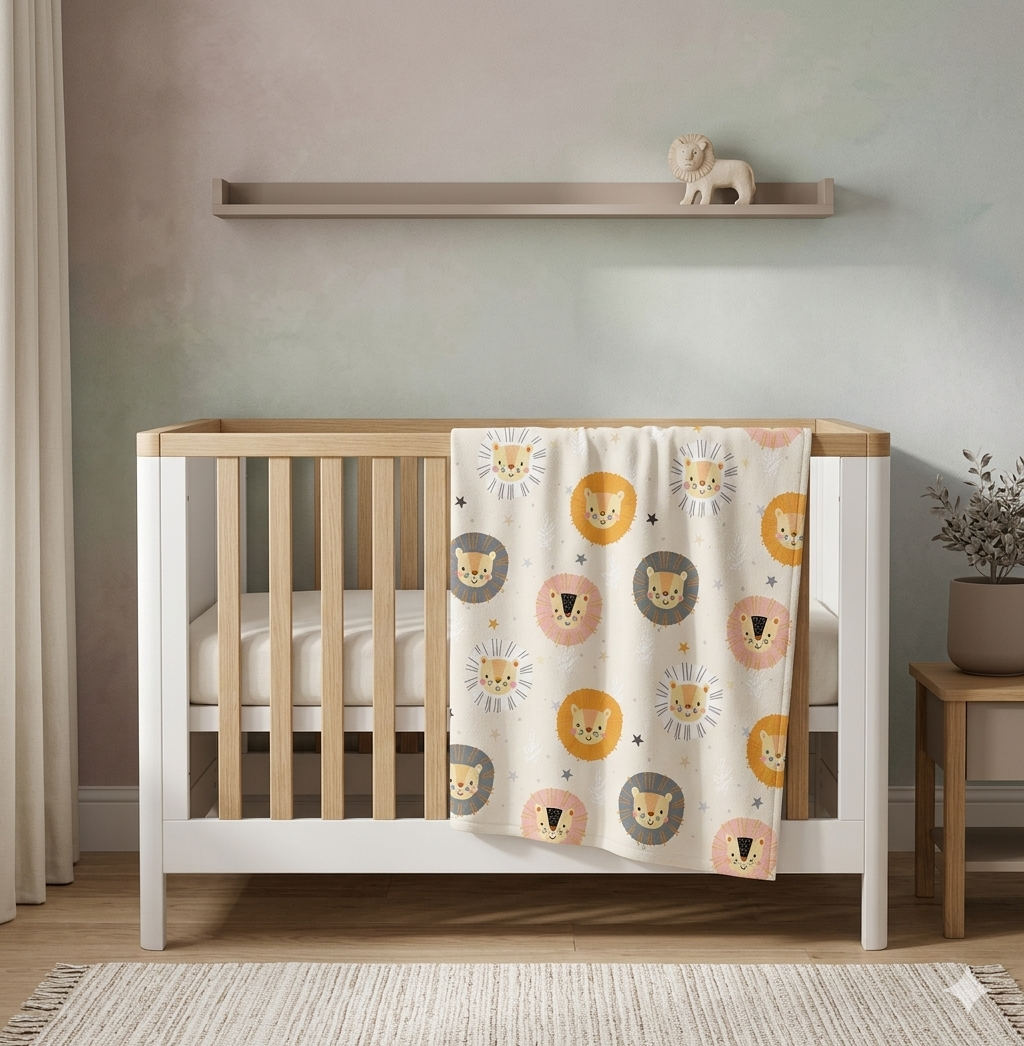 Reversible baby blanket with lion print